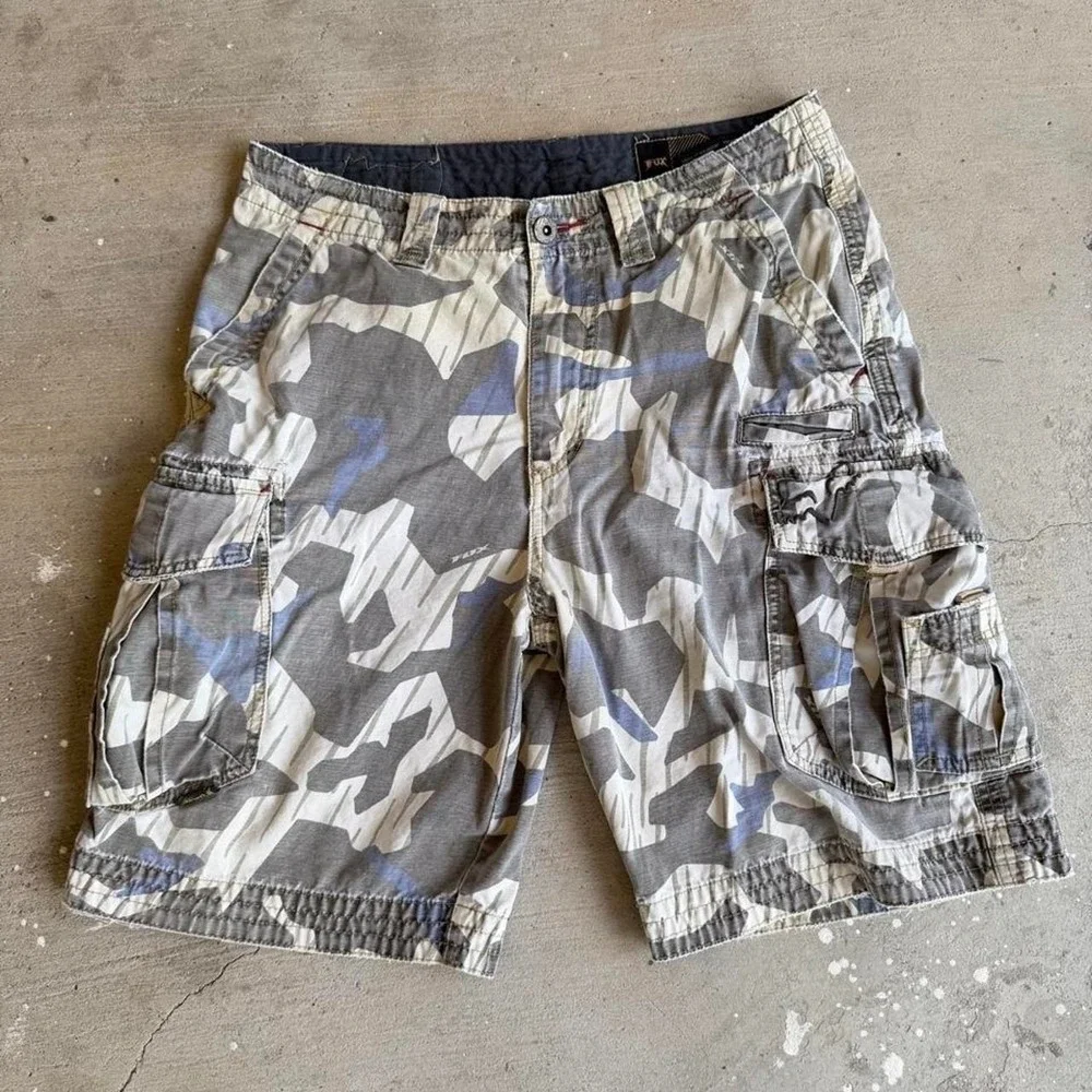 Fox Racing Y2K Gray White Camo Cargo Shorts Mens 33 Embroidery Cotton